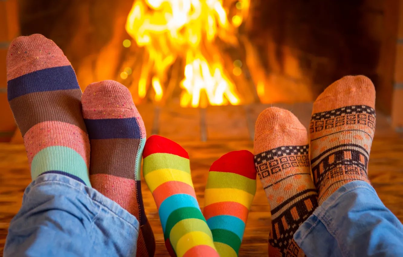 Photo wallpaper family, socks, fire, fireplace, happy, cute, socks, family