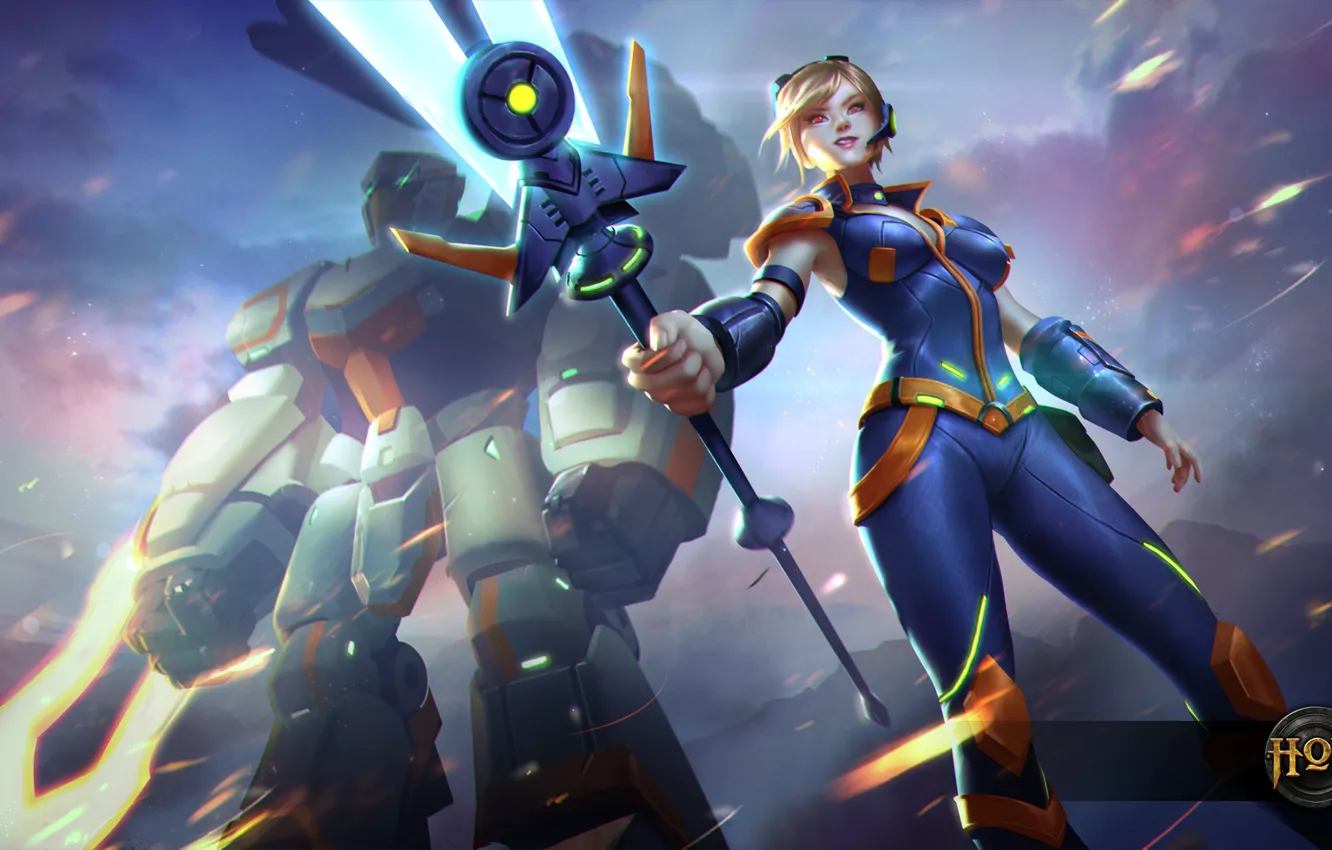 Photo wallpaper chest, girl, fiction, robot, costume, spear, Heroes of Newerth, Hellbringer