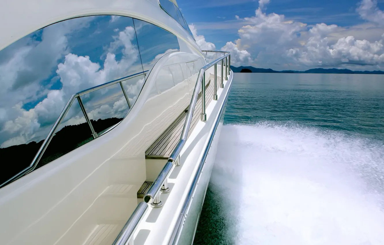Photo wallpaper sea, wave, clouds, mountains, speed, yacht