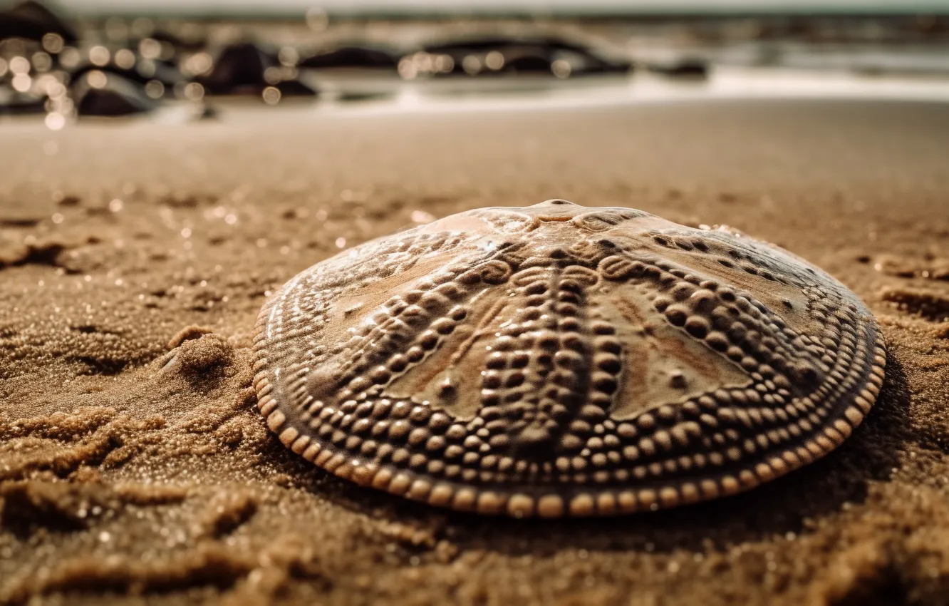 Photo wallpaper sand, beach, stones, sink, shell, bokeh, shellfish, coast
