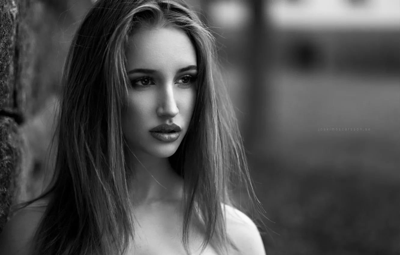 Photo wallpaper girl, model, portrait, makeup, hairstyle, black and white, bokeh, bare shoulders