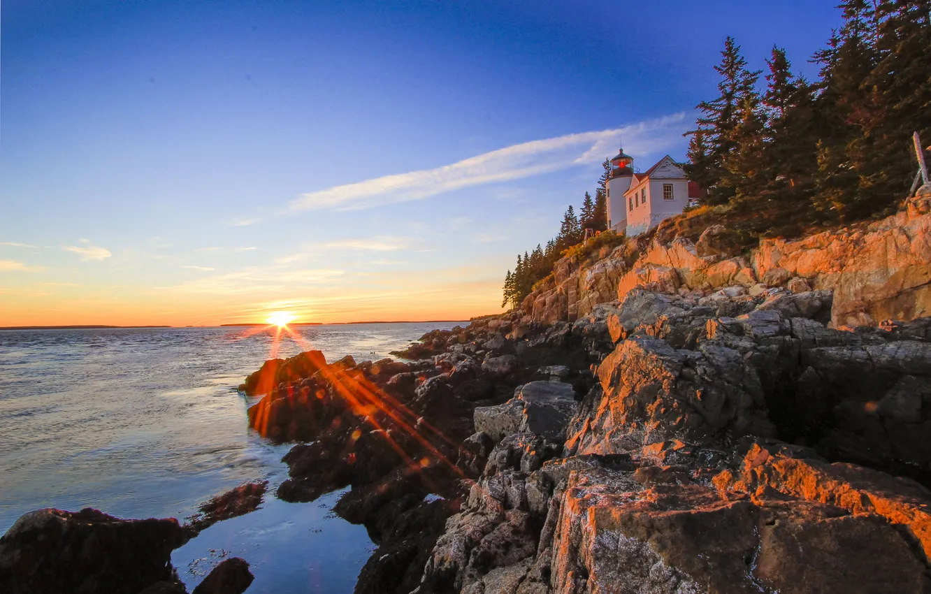 Photo wallpaper sea, the sky, the sun, rays, light, blue, stones, rocks