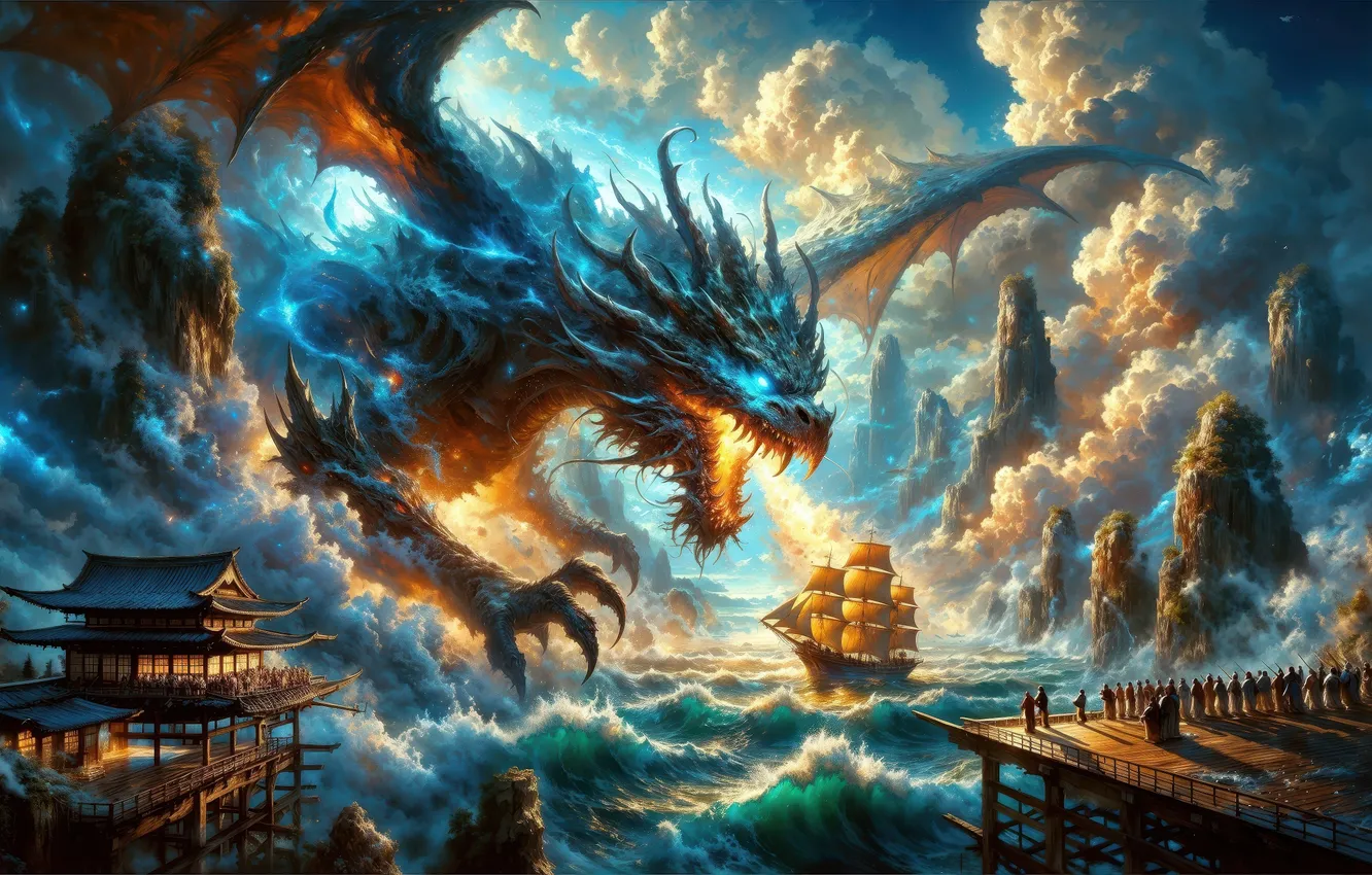 Photo wallpaper clouds, nature, the ocean, rocks, dragon, ship, attack
