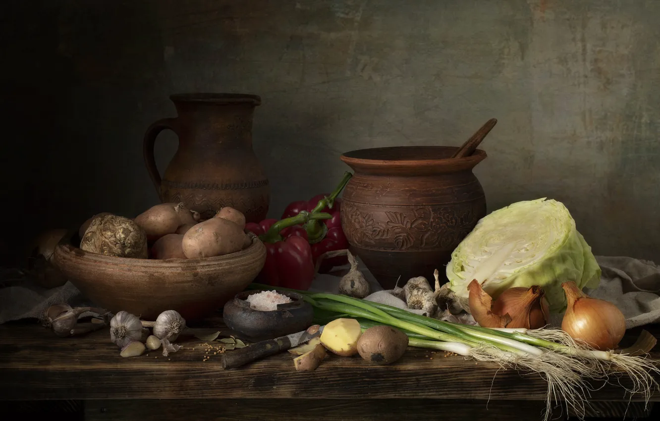 Photo wallpaper bowl, pepper, table, potatoes, salt, vegetables, cabbage, ceramics