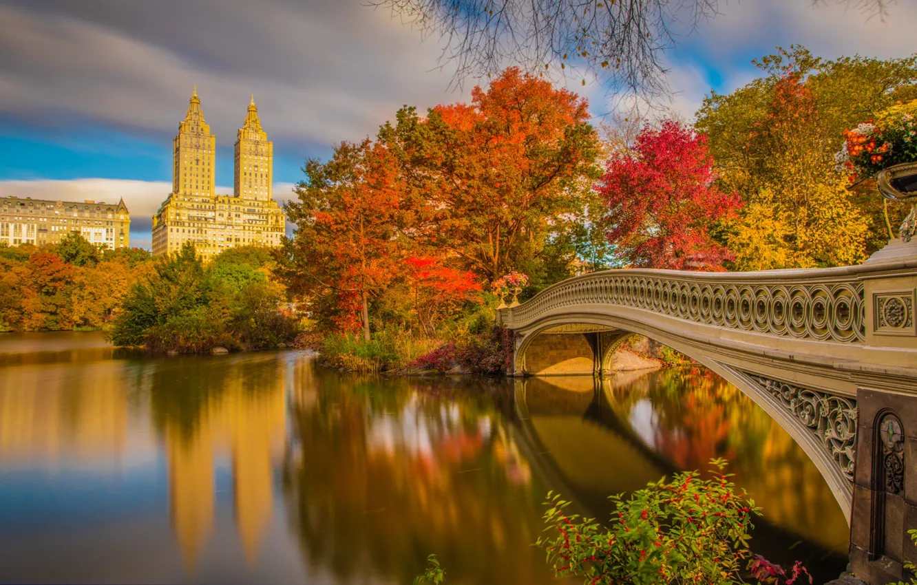 Photo wallpaper autumn, bridge, river, New York, beautiful, New York