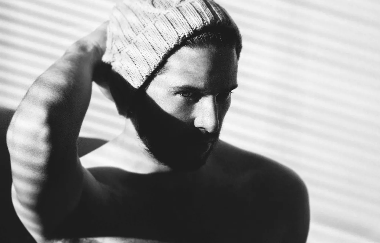 Photo wallpaper hat, black and white, male, guy
