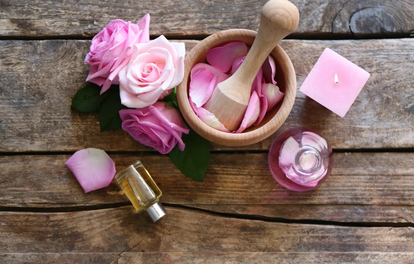 Photo wallpaper petals, rose, wood, pink, petals, pink roses, spa, oil