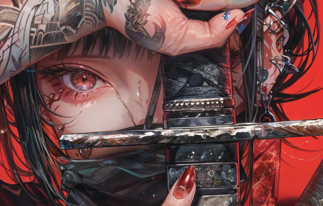 Photo wallpaper piersing, red background, katana, anime girls