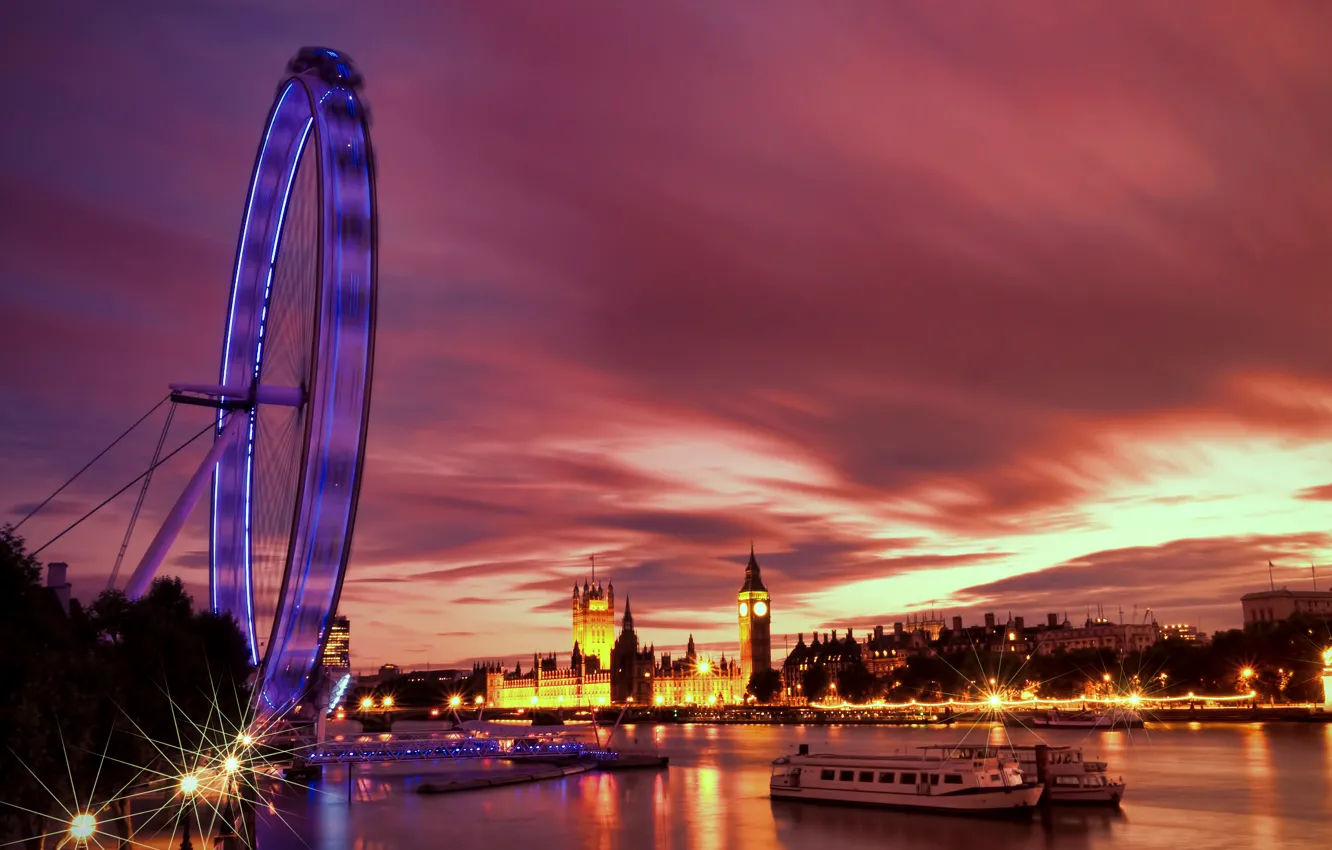 Photo wallpaper lights, river, England, London, the evening, backlight, UK, Thames