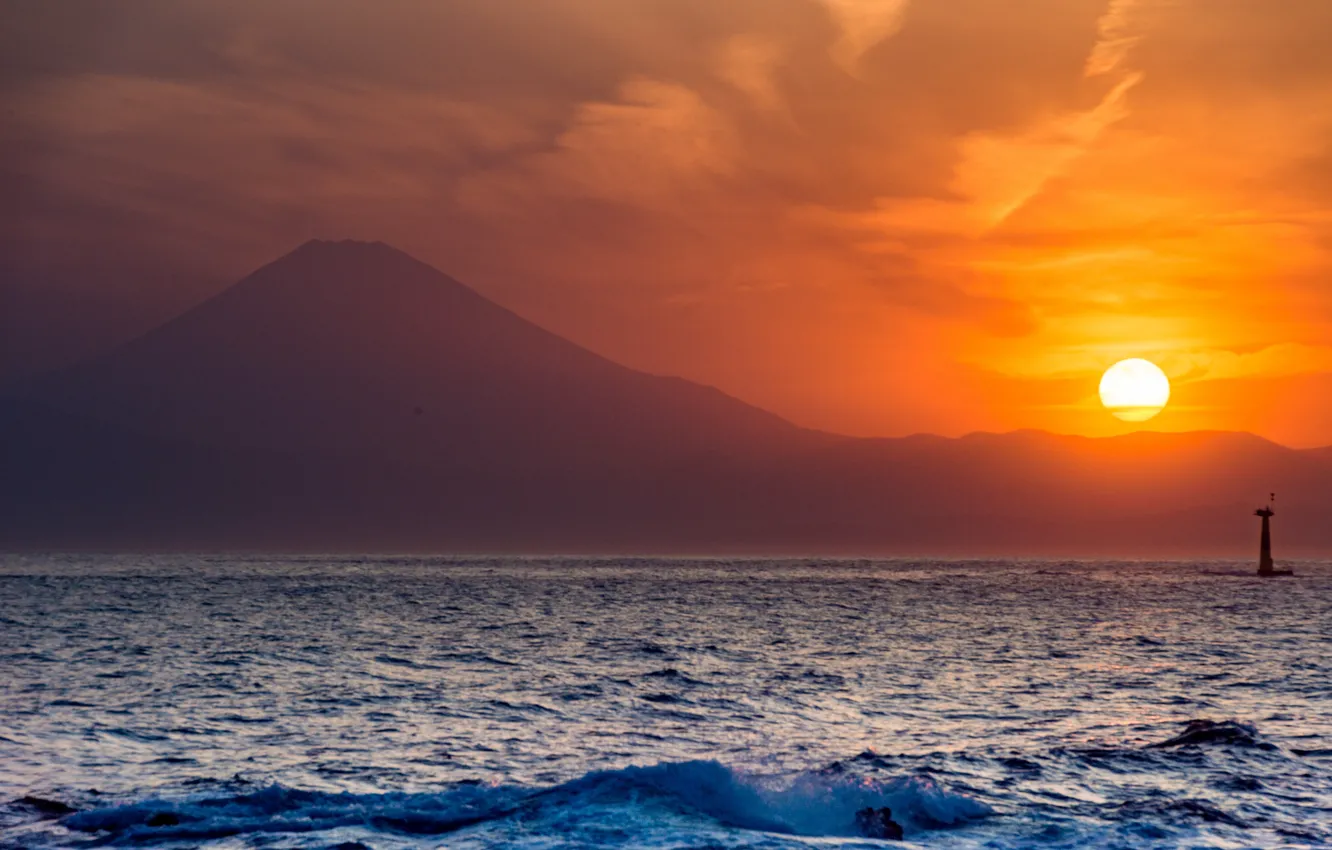 Photo wallpaper sea, the sky, the sun, landscape, sunset, mountains, the volcano, Japan