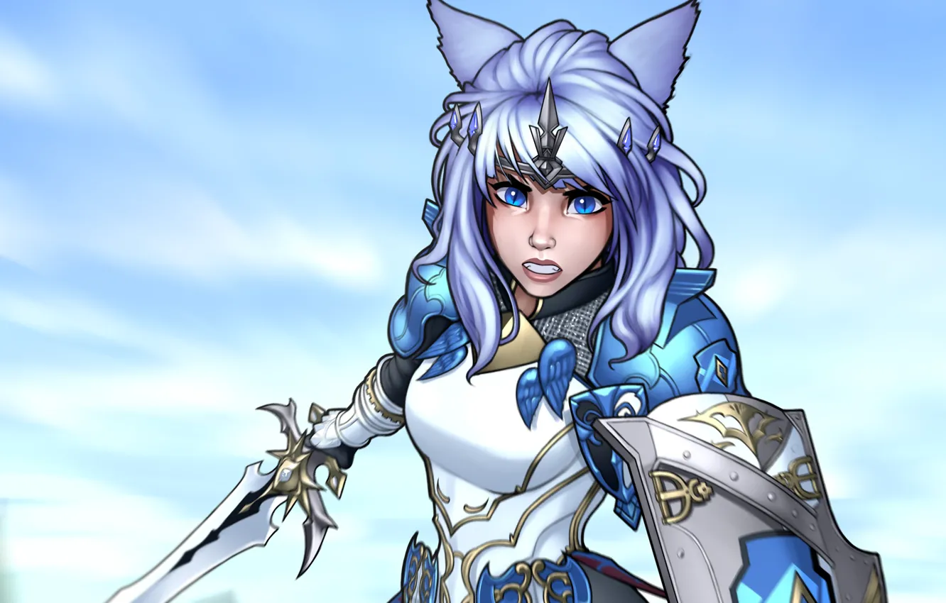 Photo wallpaper look, girl, sword, anime, art, shield, ears, ears