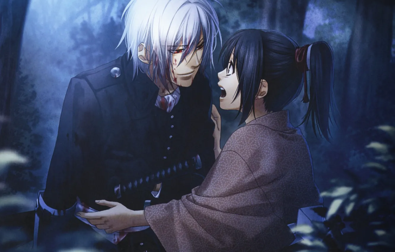 Photo wallpaper forest, night, katana, two, red eyes, arm, military uniform, demons pale cherry