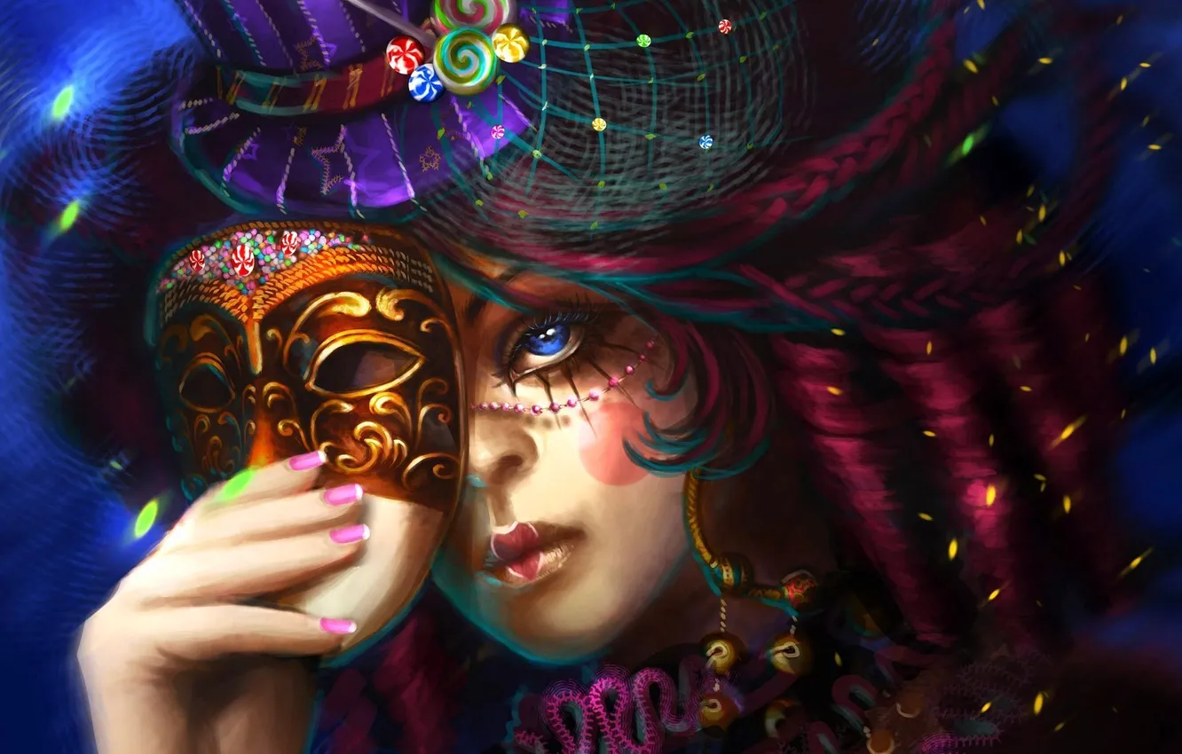Photo wallpaper eyes, girl, hair, hat, hands, makeup, mask