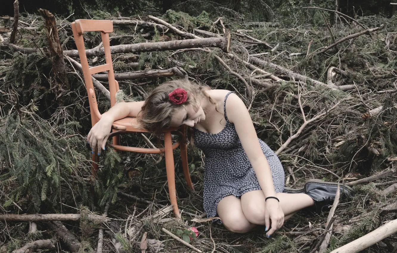 Photo wallpaper girl, roses, chair