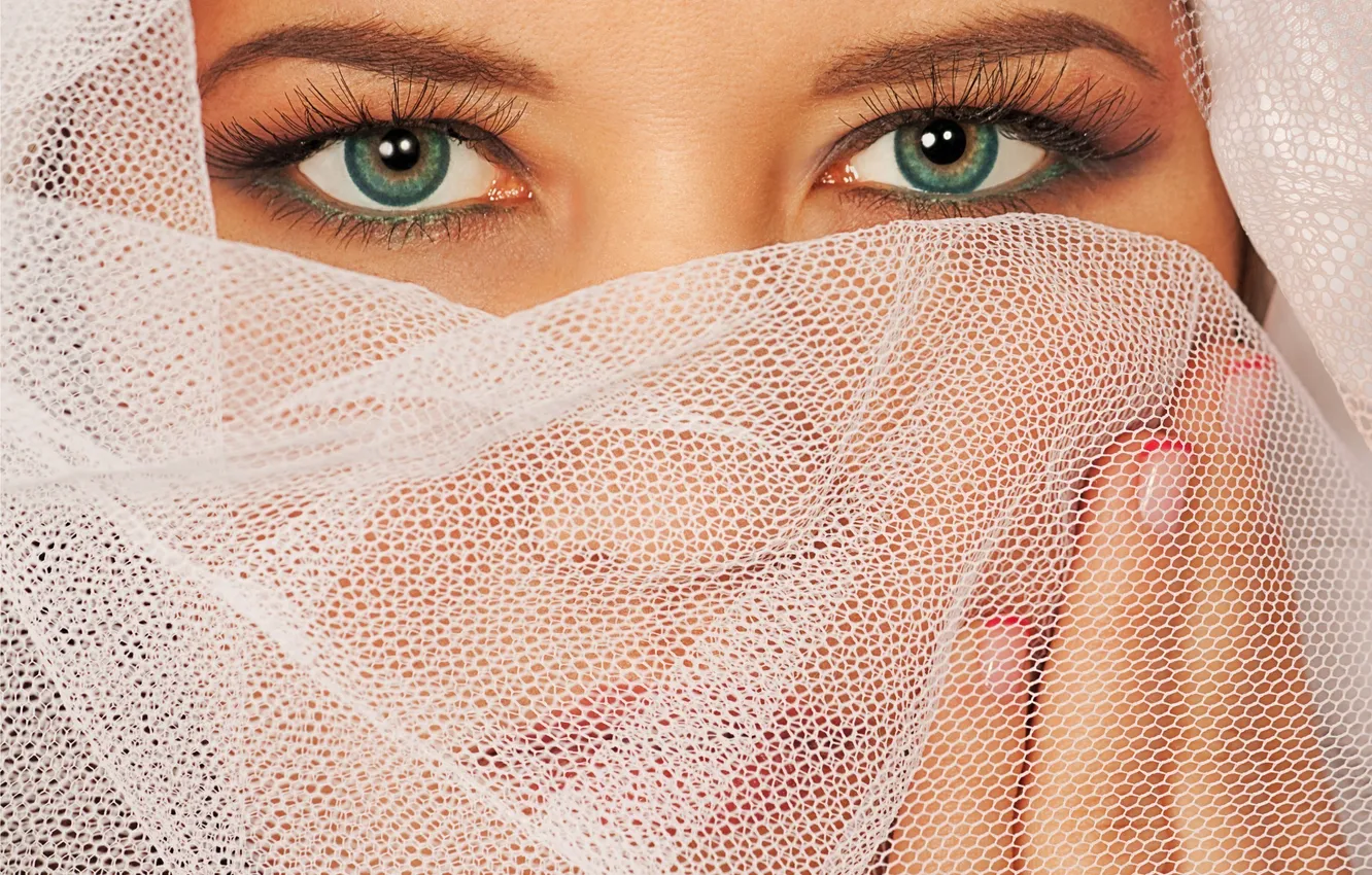 Photo wallpaper eyes, girl, macro, face, green, mesh, portrait, makeup