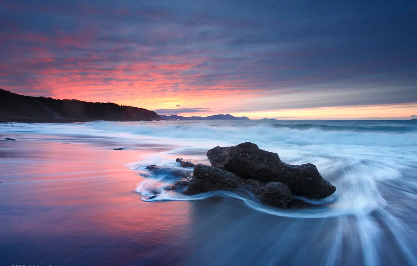 Photo wallpaper sea, wave, beach, the sky, sunset, stones, the ocean