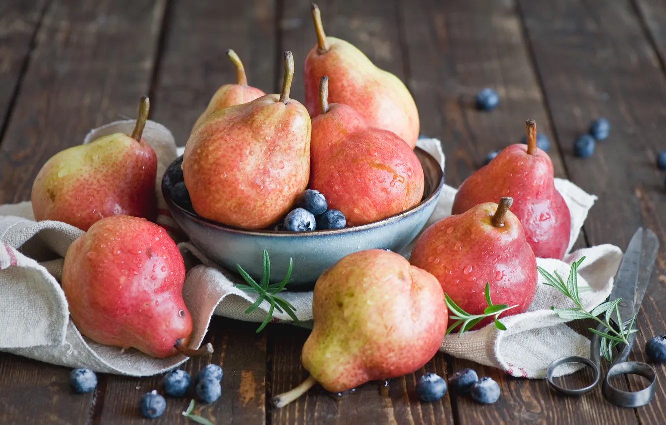 Photo wallpaper berries, blueberries, fruit, leaves, pear, napkin