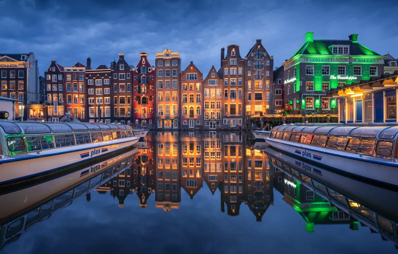 Photo wallpaper reflection, building, home, Amsterdam, channel, Netherlands, night city, Amsterdam