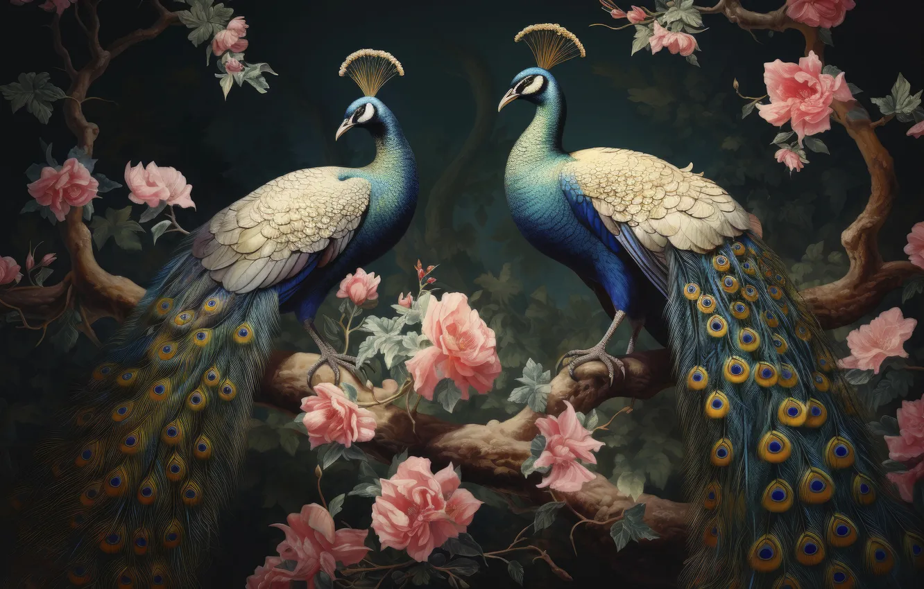 Photo wallpaper flowers, bird, pair, peacock, painting, imitation painting, AI art, two peacocks