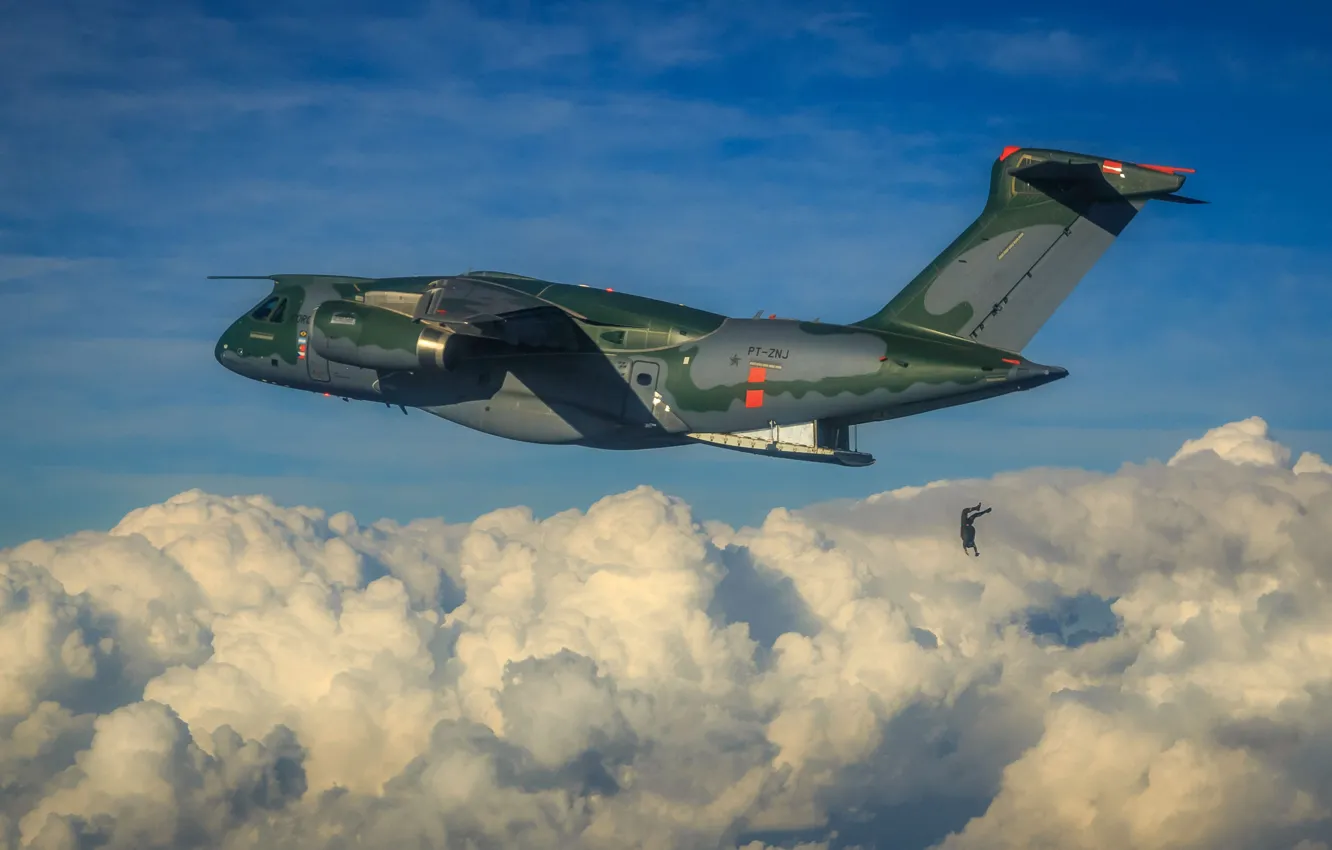 Photo wallpaper FAB, Embraer, KC-390, military aircraft, Force Air Brazilian, Brazilian Air Force, paratrooper