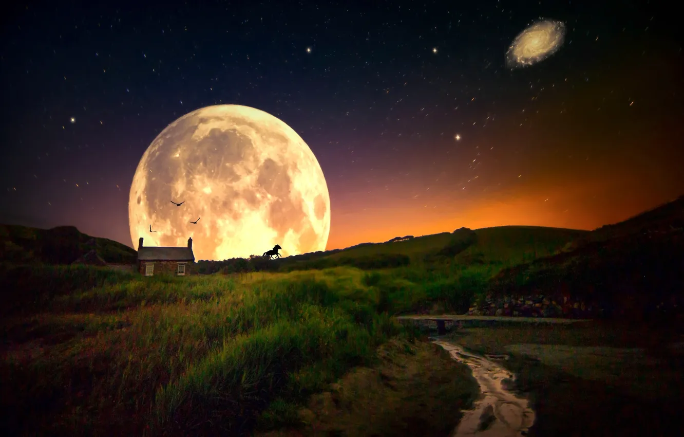 Photo wallpaper stars, landscape, night, house, collage, The moon, silhouette, galaxy