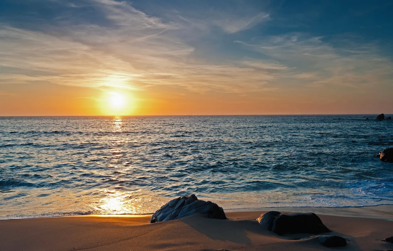 Photo wallpaper sand, sea, sunset, nature, stones, horizon