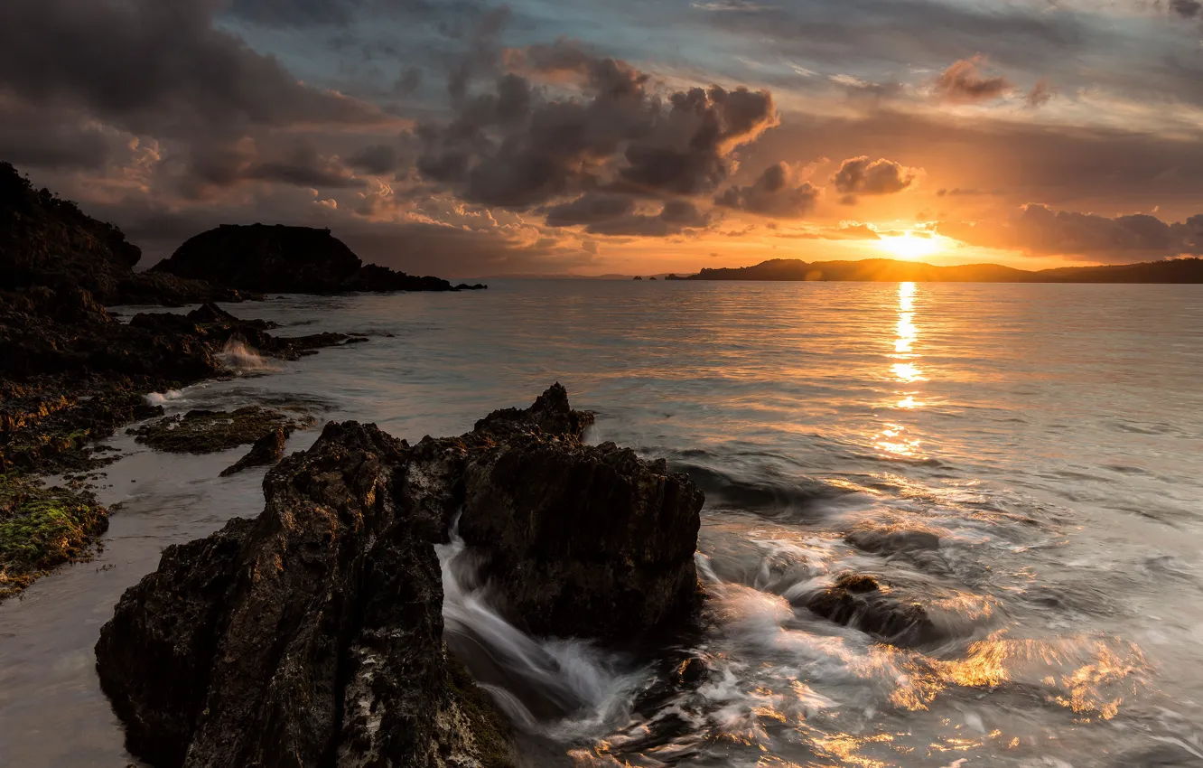 Photo wallpaper sea, the sun, sunset, rocks, shore, the evening