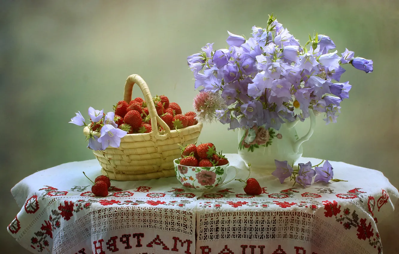Photo wallpaper flowers, table, background, basket, strawberry, berry, Cup, vase