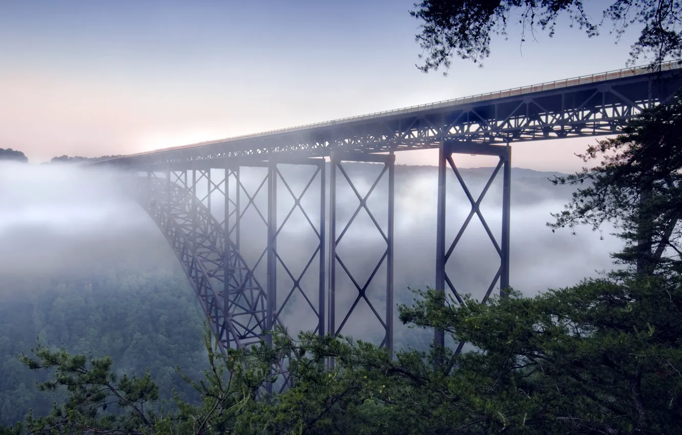 Photo wallpaper landscape, bridge, fog, New river gorge bridge