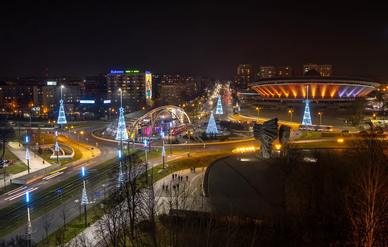 Photo wallpaper lights, the evening, Poland, Katowice, Christmas decoration