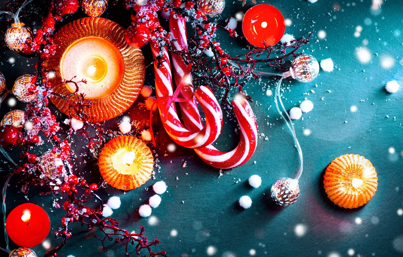 Photo wallpaper holiday, lollipops, decor, fir-tree branches
