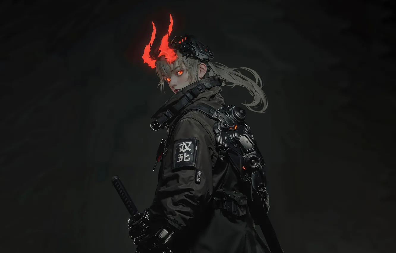 Photo wallpaper sci-fi, katana, girl, dark, horn, AI Art, AI Generated