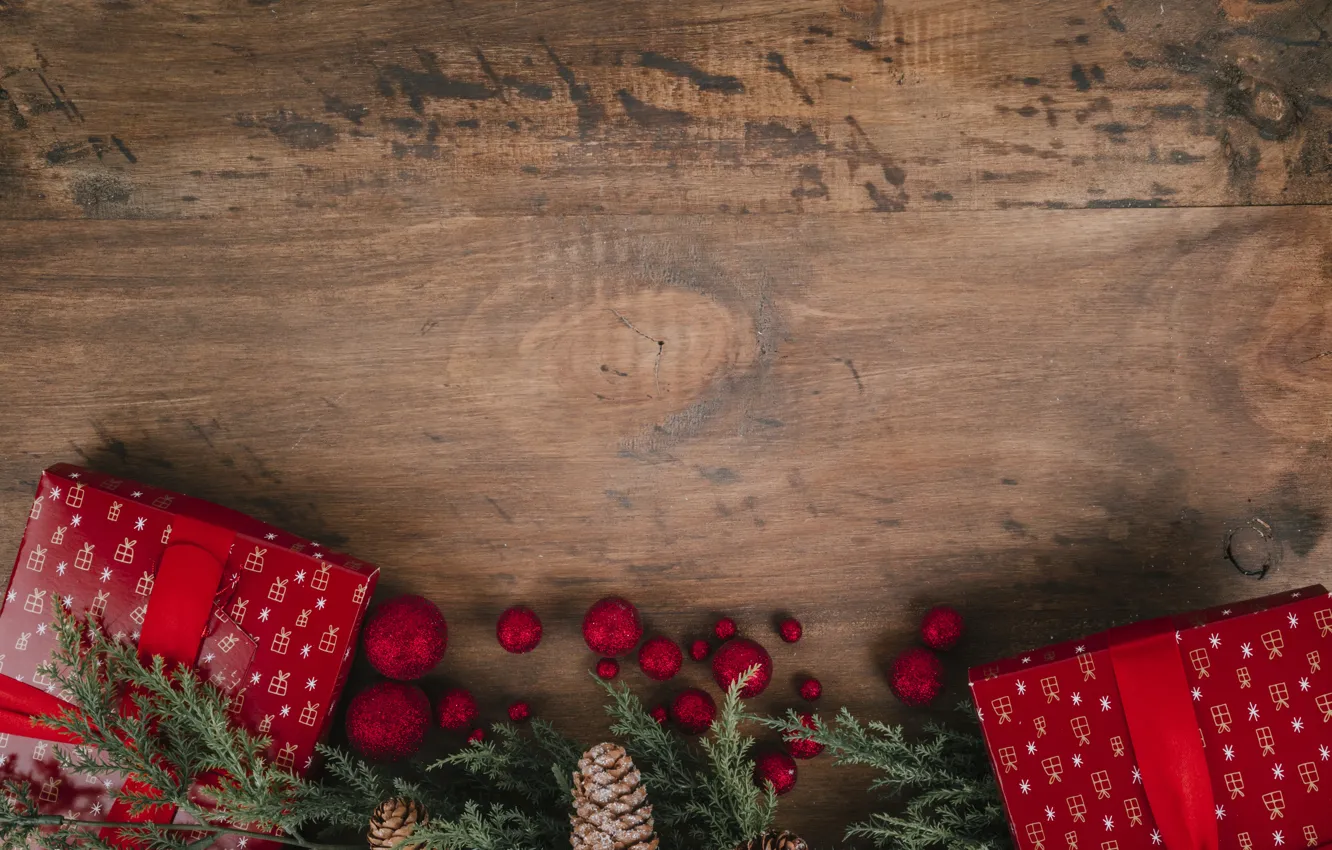 Photo wallpaper gift, balls, new year, Christmas, Christmas, balls, wood, New Year