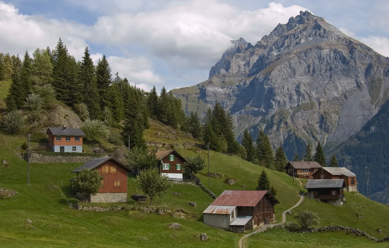 Photo wallpaper mountains, village, Switzerland