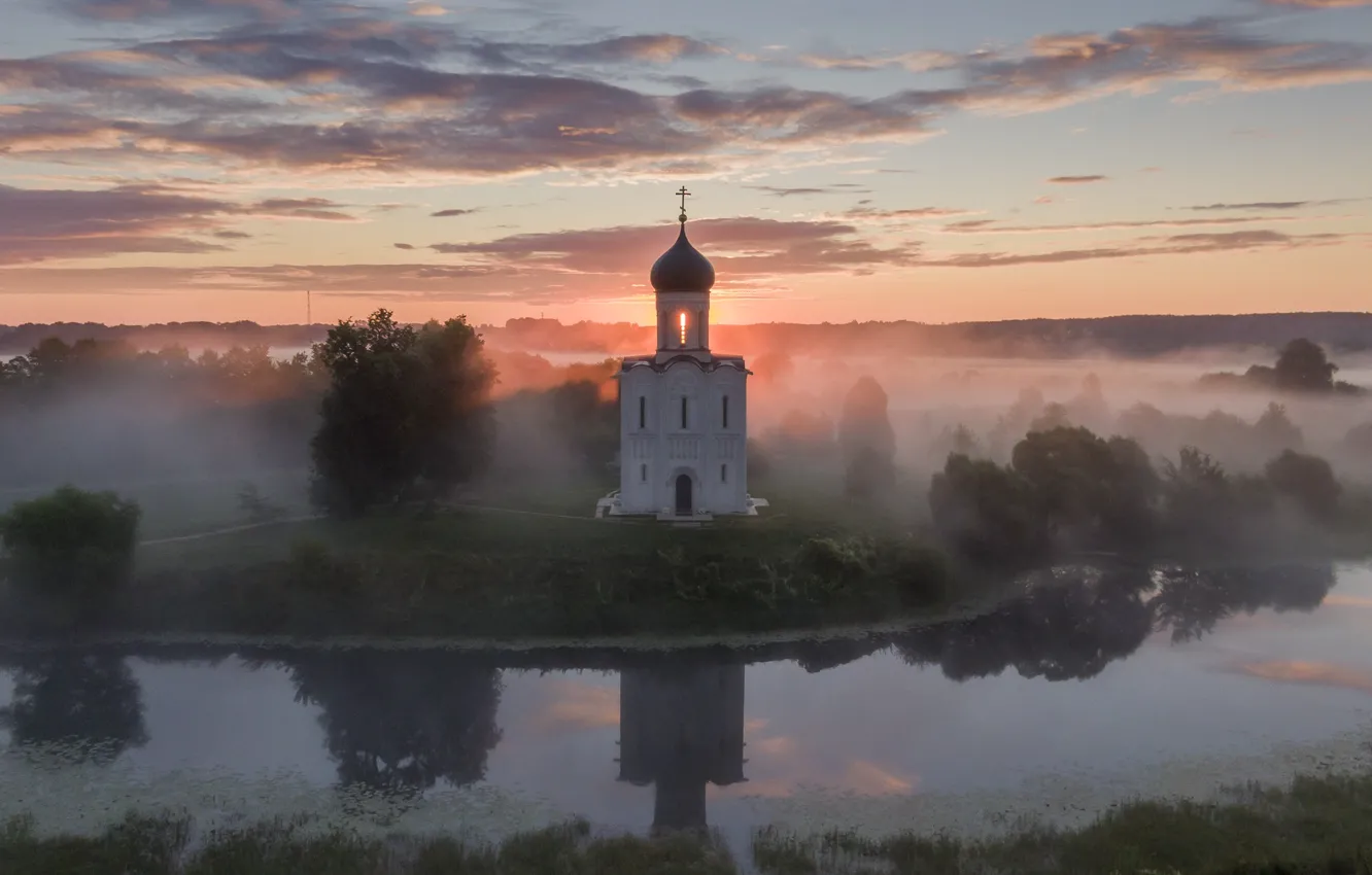 Photo wallpaper summer, the sky, clouds, light, trees, fog, reflection, river