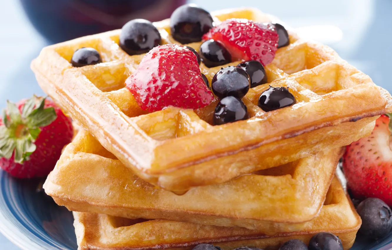 Photo wallpaper berries, strawberry, waffles, gray, blueberries