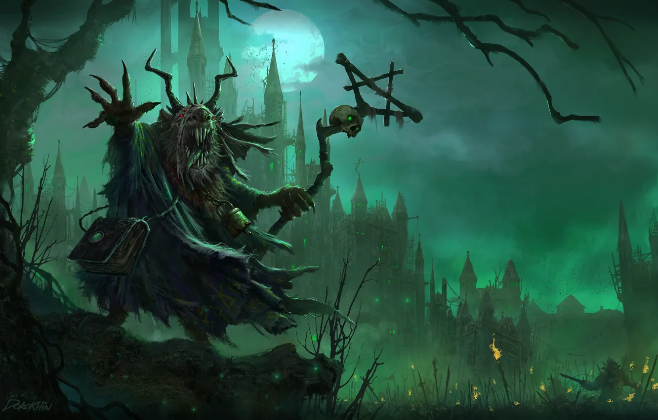 Photo wallpaper night, fog, the moon, monster, being, Warhammer, green mist