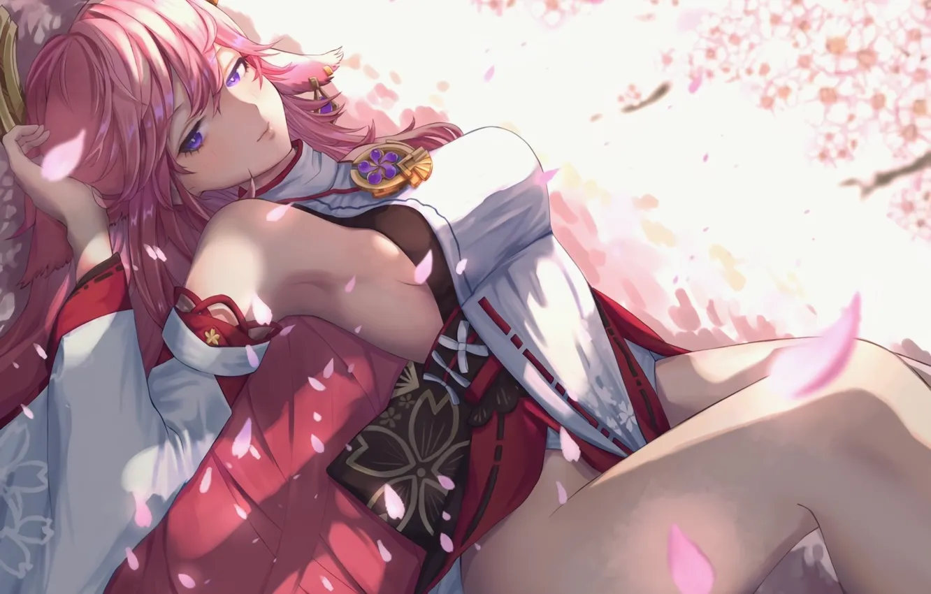 Photo wallpaper Genshin Impact, gadis kawaii, ya miko