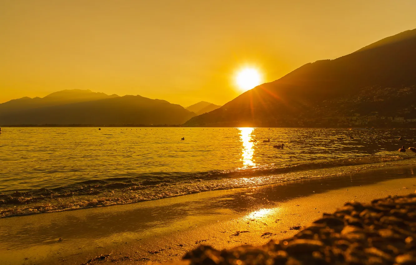 Photo wallpaper sunset, lake, Switzerland, Switzerland, Canton of Ticino, Tenero