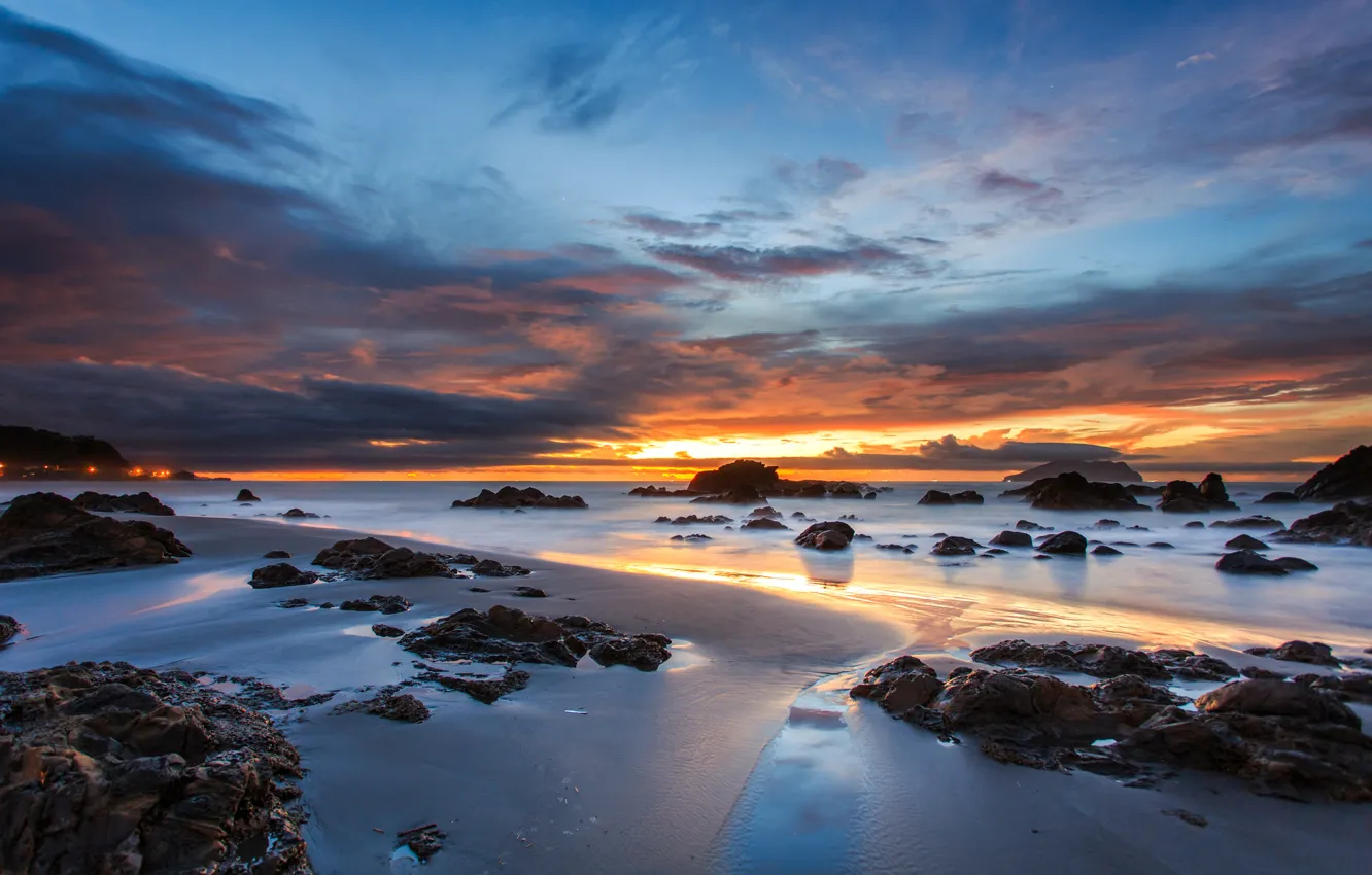 Photo wallpaper sand, the sky, clouds, sunset, orange, clouds, stones, the ocean