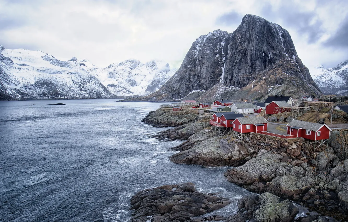 Photo wallpaper sea, mountains, home, Norway