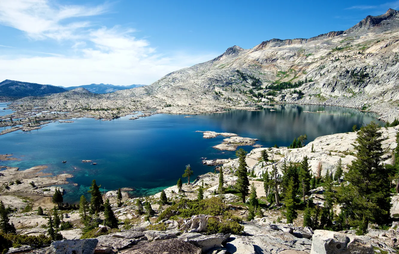 Photo wallpaper trees, mountains, lake, stones, rocks, USA, Sierra Nevada, Lake Aloha