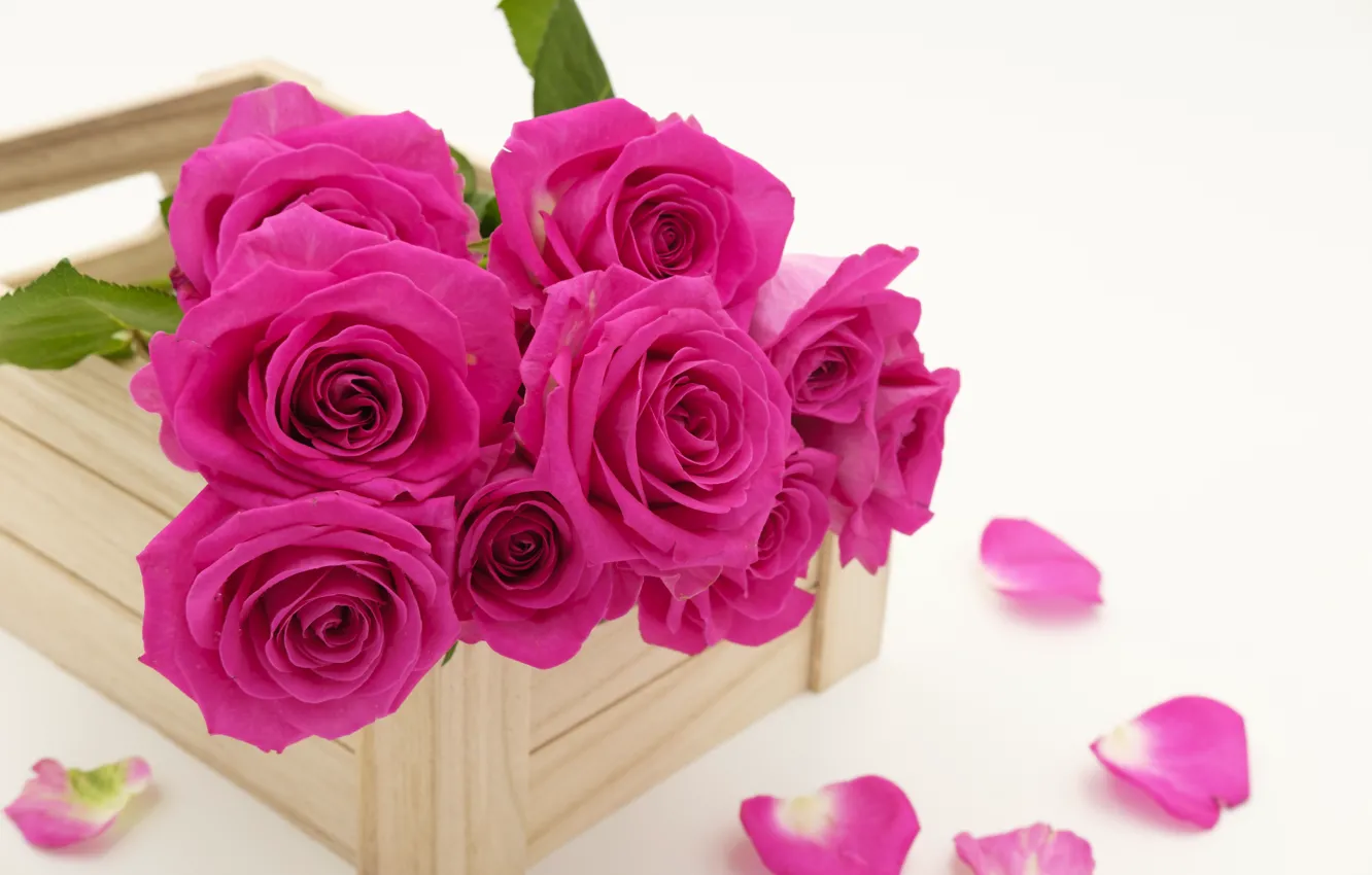 Photo wallpaper roses, bouquet, petals, bouguet, rosebuds, wooden box