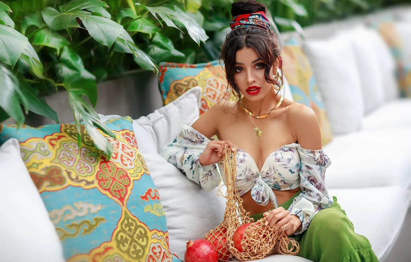 Photo wallpaper leaves, girl, decoration, pose, sofa, pillow, makeup, brunette