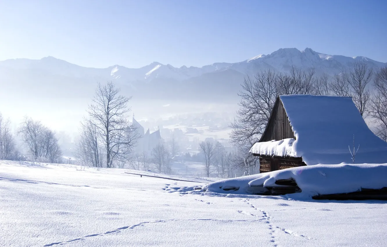 Photo wallpaper winter, snow, landscape, house