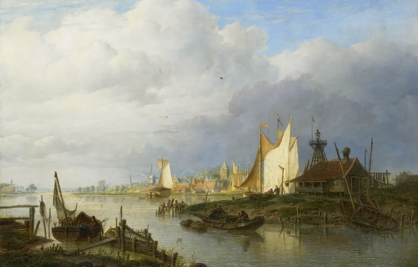 Photo wallpaper landscape, tree, oil, picture, The ships on the River Near the Lighthouse, Hendrik Vettewinkel