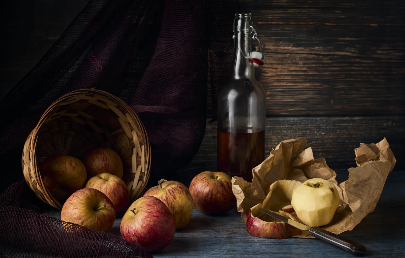 Photo wallpaper paper, apples, Board, bottle, knife, fabric, still life, apple cider vinegar