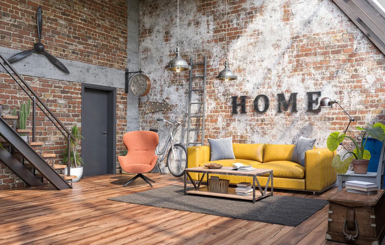 Photo wallpaper room, ladder, living room, design with grunge walls loft style, industrial-style interior, design with grunge …