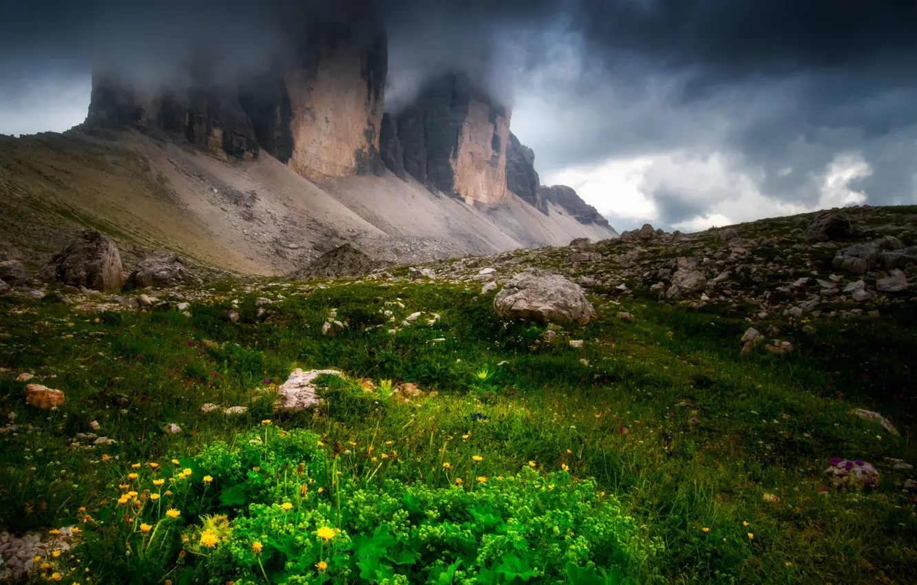 Photo wallpaper grass, landscape, mountains, clouds, nature, stones, Italy, The Dolomites