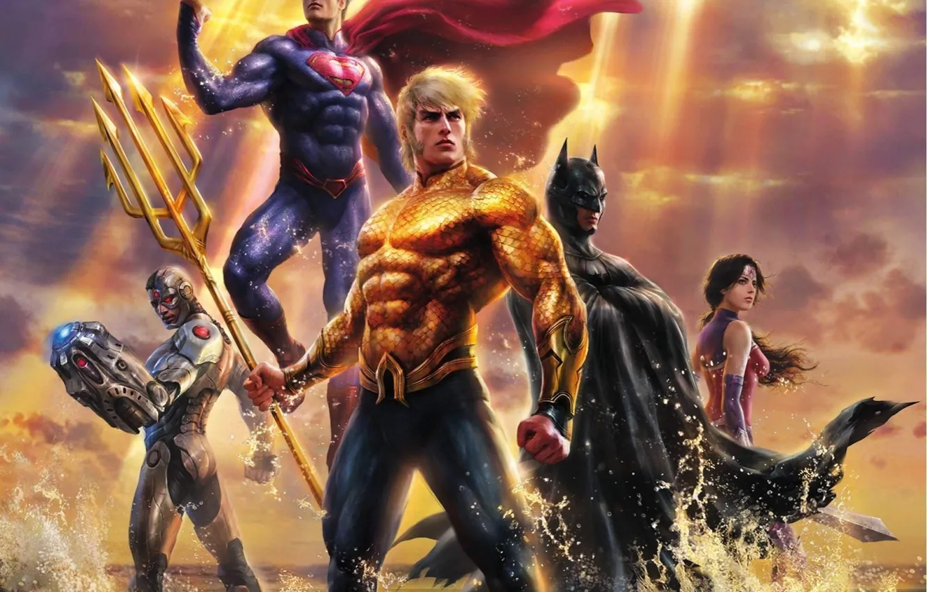 Photo wallpaper sword, logo, sunshine, Wonder Woman, Batman, sky, sea, woman